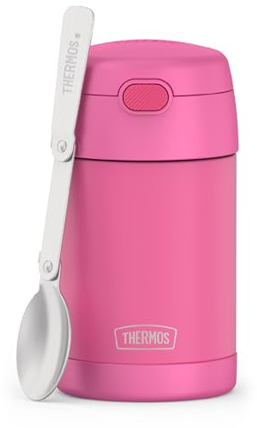THERMOS FUNTAINER 16 Ounce Stainless Steel Vacuum Insulated Food Jar with Folding Spoon, Neon Pink