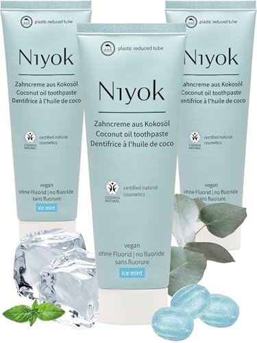 Niyok Zahncreme Eisminze 3 x 75 ml | Fluoridfreie Zahnpasta mit Bio-Kokosöl, Xylit und Kreide für ein frisches Mundgefühl