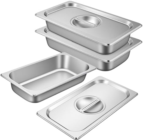NAMYEUT Juego de 3 piezas para empanar de acero inoxidable, 1/3 recipientes para empanar, 6,5 cm de altura de acero inoxidable, recipiente gastronorm con tapa, metal para empanar, rectangular para