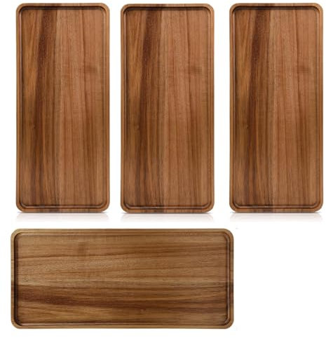 MEIDIV 4pcs Wooden Serving Tray, 36x14x1.5CM Serving Platter with Raised Edge, Wood Serving Boards for Food Serving, Acacia Wood Tray for Snack Breakfast Sushi Coffee Tea Appetizer