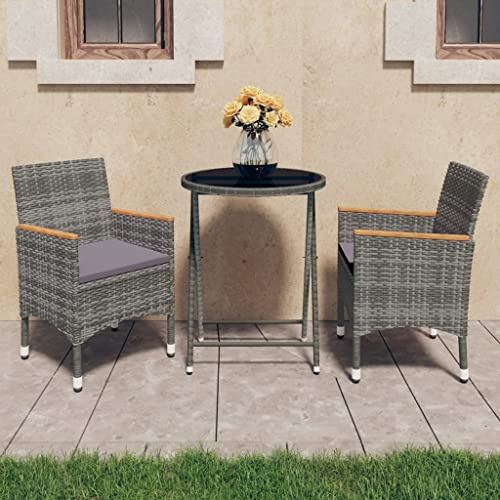 WEMYUFURN 3-TLG. Bistro-Set Poly Rattan und Hartglas Grau, Outdoor-Sitzgruppe, Terrassen-Lounge-Set, Garten-Couchgarnitur - Wetterbeständig, Komfortabel - für Terrasse, Garten und Balkon