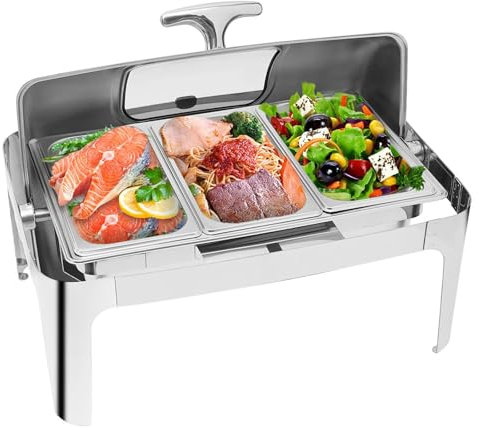 14.3QT Chafing Dish Buffet Set, 3 Pots Chafing Dish, Roll Top Chafing Dish Buffet Set, Stainless Steel Commercial Chafer,with Visualization Window for Catering, Parties, Hotels