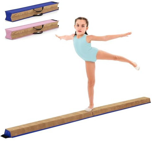COSTWAY 240cm Schwebebalken Kinder, Balancierbalken klappbar, Gymnastikbalken mit Tragegriff & Wildlederbezug, Gymnastik Balance Balken für Zuhause (Blau)