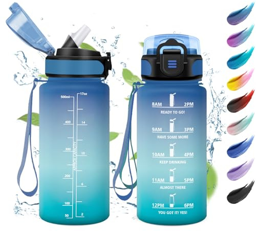 KollyKolla Trinkflasche 500ml, Wasserflasche Kohlensäure Geeignet, Auslaufsicher mit Zeitmarkierung, mit Strohhalm, für Junge, Schule, Gym, Camping