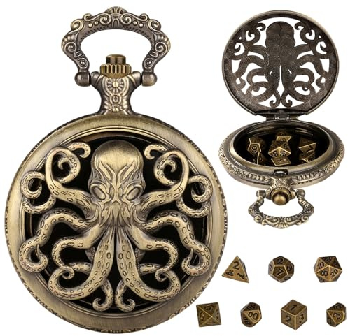 Hshenjhu Mini DND Tärningsset, 7-delat polyedriskt metall D&D tärningsset, metall DND tärning med ihålig Steampunk fickur, rollspel-brädspelstillbehör tärningar, brons