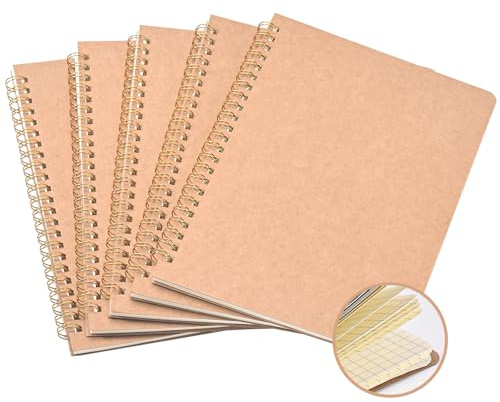HOMIKLSA Notizbuch A5 Kariert, 5 Stück, 100 Seiten(50 Blatt), Spiralbindung | Goldene Spiralbindung / DIY Kraft-Softcover / Kariertes Papier / 5er-Set Notizbuch A5 / 50 Blatt / Für Schule & Büro