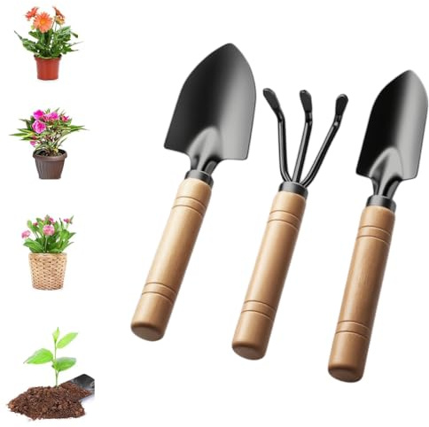 Ruayia Gartenwerkzeug Set, 3-teiliges Mini Gartengeräte Set, Gartenschaufel Klein, Holzgriff Handlicher Schaufel, Gartenarbeit Kleine Schaufel für Bonsai Werkzeug Pflanze Topfblumen Lose Boden