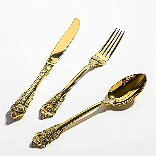 Set di Posate in Acciaio Inossidabile, Posate Dorate di Lusso, Posate da Cucina Occidentali, Set di 3 Pezzi di Coltello, Forchetta E Cucchiaio, Design Ergonomico