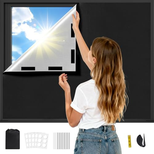 Fenster Verdunkelung Klettverschluss, 200x145cm Verdunklungsrollo Ohne Bohren, Verdunklungsfolie für Fenster Abdunkeln, Sonnenschutz Innen, Hitzeschutz Verdunklungsstoff, Verdunkelung Dachfenster