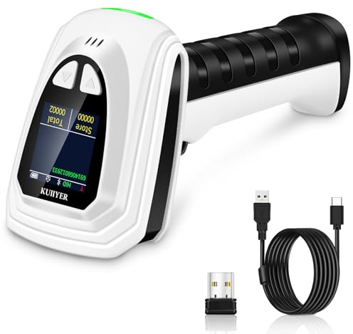 KUIIYER 1D QR 2D Barcode Scanner, Bluetooth Wireless Bar Code Scanners with Setting Keypad & LCD Screen Display & AI Voice, Handheld Barcode Reader for iPhone, Android, iPad, Tablet, Computers & POS
