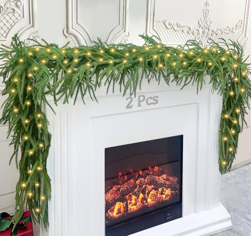 2 Pcs 6 Feet Christmas Garland,Artificial Norfolk Pine Garlands with 2Pcs LED Lights,Winter Pine Garland Real Touch Faux Green Greenery Garland for Fireplace,Table, Window,Outdoor Christmas Decoration
