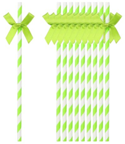 QUARKZMAN 60Pcs Cannucce di Carta a Righe con Fiocco a Nastro, Cannucce per Bevande Decorazioni per Torte per Matrimoni Compleanni, Verde