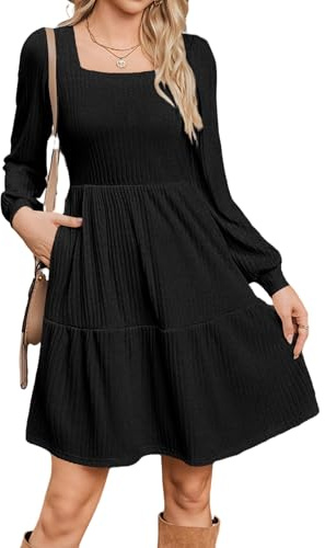 Zeagoo Women Dresses Knitted Dress with Pockets Square Neck Jumper Dresses Knee Length A Line Tunic Dresses for Autumn Winter Black S