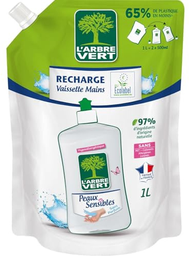 Liquide vaisselle Recharge Hypoallergénique Peaux Sensibles Ecolabel L'ARBRE VERT - a recharge de 1L Lot De 4 - Par Lot