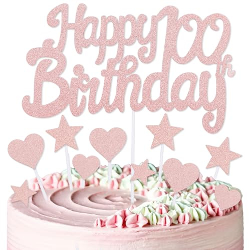 mciskin Rose Gold 100th Birthday Cake Toppers,100th Birthday Decorations for Women,Rose Gold Cake Decorations,Personalised Cupcake Toppers with Heart Star for Girl Women Party Supplies