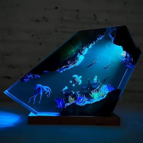 Drawelry 3D Harz Ozean Tier Figuren Nachtlicht Ornamente mit Holz Sockel USB-Kabel Epoxidharz Marine Statue Dekoration Mehrfarbige LED Nacht Lampe für Wohnzimmer Schlafzimmer Kinderzimmer Deko (A8)