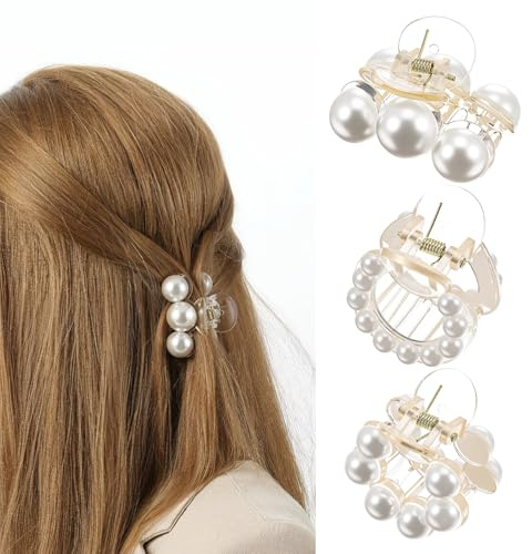 Shimmeroo 3Pcs Small Pearl Hair Clip,Hair Claw Clips Elegant Trend Half Up Hairs Clip Horsetail Clips Pearl Hairs Accessories for Women