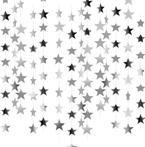 Reflective Star Paper Garland, 65 Feet Silver Star Garland Bunting Glitter Hanging Stars Decorations Banner for Party Birthday
