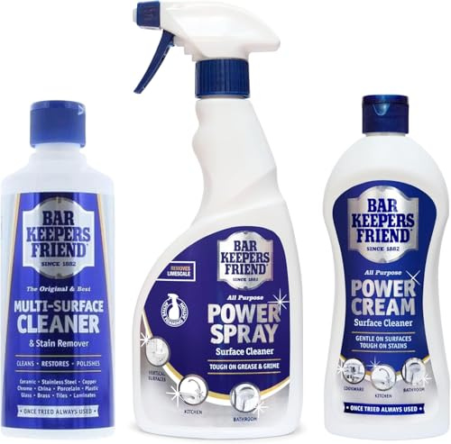 Bar Keepers Friend 3-Piece Multi-Surface Cleaning Kit Original Powder 250g, Power Cream 350ml & Spray 500ml for Kitchens Bathrooms Stainless Steel Rust & Limescale Removal