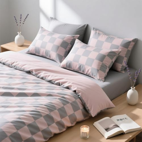 AShanlan Bettwäsche 135x200 Rosa Grau Kariert Bettbezug Kissenbezug 80x80cm | Wendebettwäsche Set mit Reißverschluss, ÖkoTex Bettwäsche-Sets, Microfaser, Karomuster, Modern