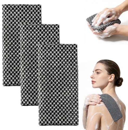 Serviette De Douche Exfoliante en Fibres De Bambou et Charbon Actif, Serviette Exfoliante Japonaise Exfoliation Douce, SéChage Rapide, Usage Quotidien pour Le Dos (Noir-3pcs)