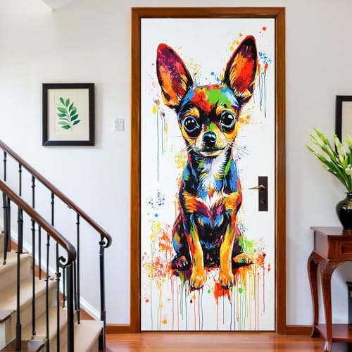 Türtapete selbstklebend abnehmbar Chihuahua PVC Türposter 83 x 210 cm Türaufkleber Wasserfest Graffiti-Stil für Schlafzimmer Küche Bad Flur