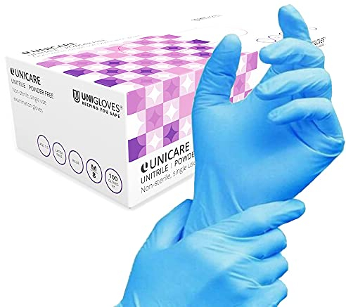 UNIGLOVES Unitrile GS0054 Medical Grade Examination Gloves - Powder and Latex Free Disposable Gloves, Box of 100, Blue, Large