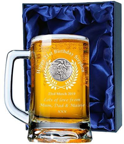 The Great Gifts Company Men 21st Birthday Engraved Rugby Player Pint Glass Tankard Satin Box