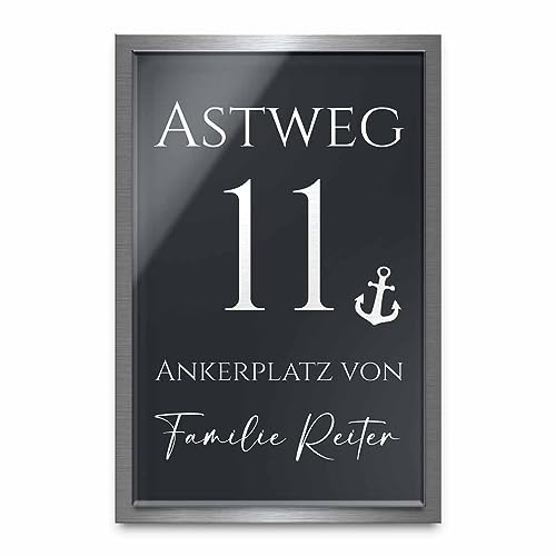 Designer Hausnummer Namensschild aus Hochglanz Acrylglas und V2A Edelstahl mit Gravur Türschild Eingangsschild 20x30cm