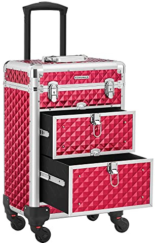 SONGMICS Kosmetikkoffer Trolley, Professionell Schminkkoffer, Friseurkoffer mit 4 Abnehmbaren Universalrollen, Oben mit 3 Etagen, Rot JHZ08RD