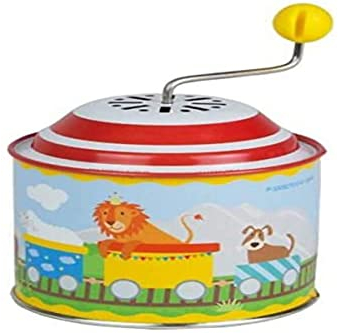 Lena 52751 Musikdrehdose Zug, Musikdose ca. 10,5 x 7,5 cm, Blechdrehdose mit Melodie Der Frühling, Drehdose aus Metall, Drehorgel für Kinder ab 18 Monate, Orgel mit Eisenbahn Motiv