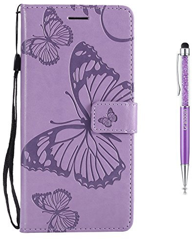 Grandoin LG Q6 Hülle,LG G6 Mini Hülle, Handyhülle im Brieftasche-Stil für LG Q6 / LG G6 Mini PU Leder Flip Cover Schmetterling Muster Design Premium Book Case Schutzhülle Etui Case (Lila)