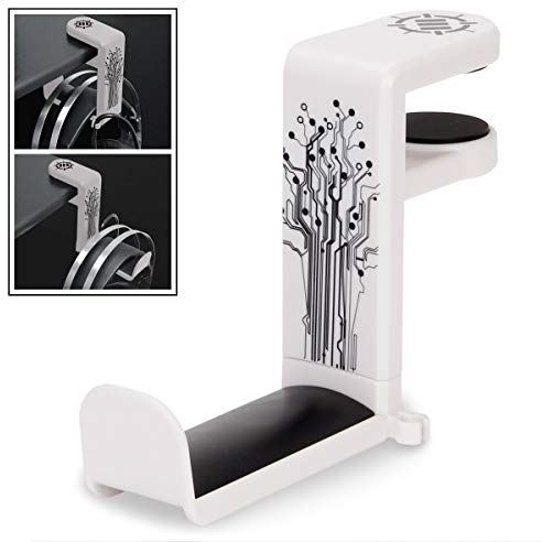 ENHANCE Support Crochet pour Casques de Jeu ou de Musique avec Bras Pivotant à 360 Degrés, Pince de Fixation Format Universel pour Table et Bureau avec Rangement pour Câble Intégré - Blanc