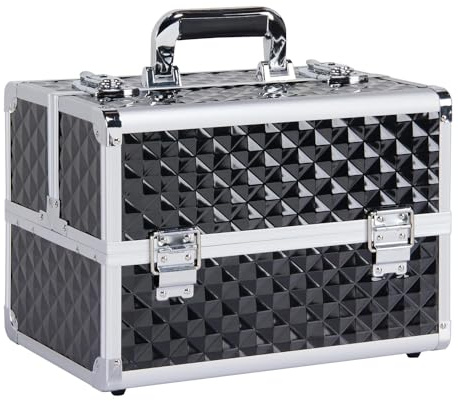 Yaheetech Lockable Cosmetic Train Case with 4 Trays, Black/Silver