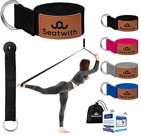 Seatwith Yoga Strap with Loops - Exercise Straps 200 X 4 cm Leg Stretcher with 10 Loops - Transport Bag + Training Instructions Included - Stretching Bands for Flexibility - BLACK