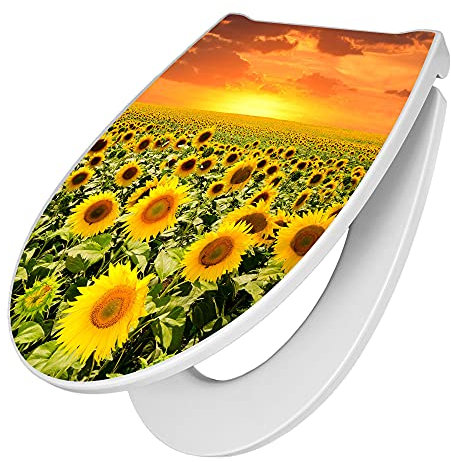 banjado Premium Toilettendeckel mit Absenkautomatik 45x38,4cm / WC Brille Soft Close/hygienischer Toilettendeckel/Klodeckel Duroplast mit Edelstahl Scharnier/Motiv Sonnenblumenmeer