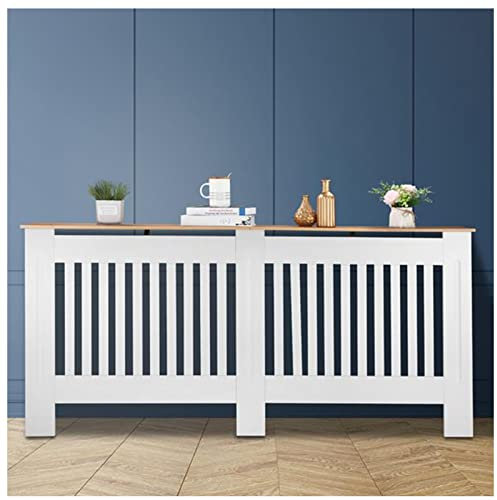 GJXJY Radiator Covers White Medium with Oak Top, Storage Heater Covers, Mdf White Painted Radiator Cover Wooden Cabinet Shelving Display Vertical Slats, 172L X 19W X 81.5H cm