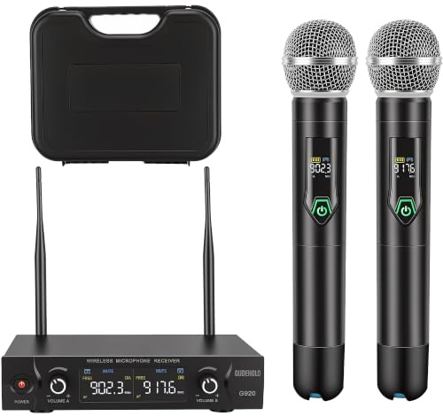 GUDEHOLO Wireless Microphone System with case, Metal UHF Dual Handheld 20 Channels Professional Cordless Mic System for Church, DJ, Karaoke,Wedding, Home KTV Set