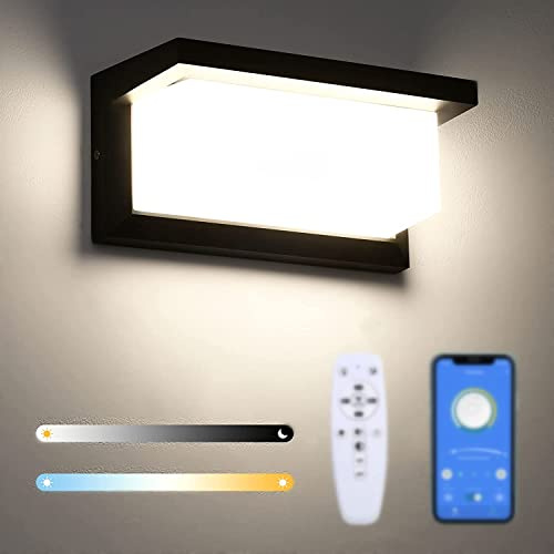 Lightess Apliques de Pared LED Exterior, Lámpara de Pared Regulable Inteligente 2.4G 18W IP66 Luz Control de Aplicaciones y Remoto Iluminación Brillo Ajustable para Balcón, Jardín, Patio, Negro