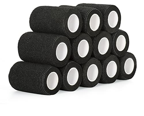 SEADESKY 12 Rouleaux Bande Cohésive Bandage Autoadhésif Cohésifs 7,5 cm x 4,5 m Sports Bande Elastiques Bandage Adhésifs Pansements pour Doigt Mains Pieds (Noir)