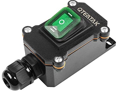 QTEATAK Inline Cord Switch DPST AC/DC 20A-125V,16A-250V,30A-24V,35A-12V, IP66 Waterproof On-Off-On with Green Light Buttons, One-Side Entry & Exit Line, Outdoor Electrical Start Stop Toggle Switch