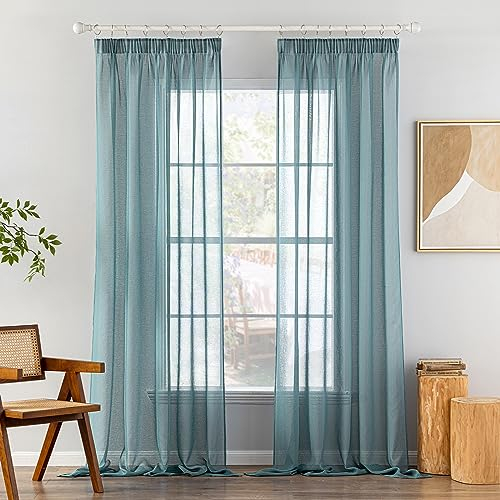 MIULEE Gardinen Vorhänge mit Kräuselband 2er Set Gardine Vorhang Gardinen Wohnzimmer aus Sheer Voile Curtains Transparent Schlafzimmer Staubiges Blau 140 x 225 cm