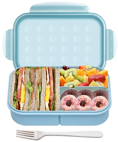 Itopor Wheat Straw Bento Box for Adults & Kids, Leakproof 3-Compartment Lunch Box, BPA-Free, Microwave & Dishwasher Safe, 5.5 Cup / 1400 mL, Blue