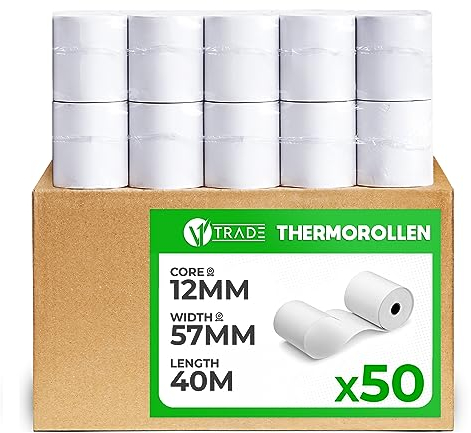 V1 Trade Thermorollen 57mm x 40m x 12mm (50 Stück) - Kassenrollen 57mm Thermo für Registrierkasse - EC Rollen aus Thermopapier 42 g / m2 - Bonrollen Thermo 57mm für Bondrucker