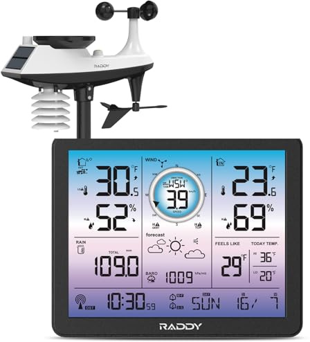 Raddy VP7 5-in-1 Weather Station Wireless for Indoor Outdoor | 7.4 Large Digital Color Display, with Barometer, Rain Gauge, Wind Speed, Atomic Clock, Weather Forecast, Temperature Humidity Monitor