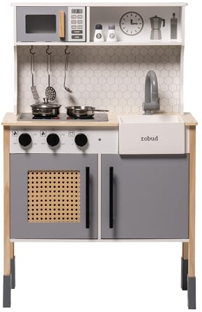 ROBUD Spielküche für Kinder, Spielküchen-Set aus Holz mit Geräuschen und Lichtern, modernes Vintage-Spielküchen-Set für Kleinkinder, Geschenk für Jungen und Mädchen, ab 3 Jahren (Grau)