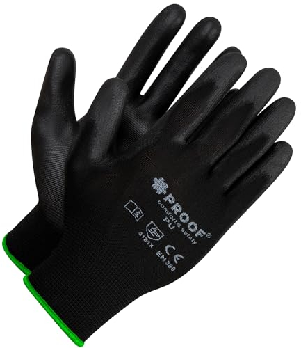 PROOF COMFORT & SAFETY Gants De Travail 10 Paires En PU Polyuréthane Gants De Protection Multiusage Précis Pour Mécaniciens Et Ouvriers Du Bâtiment Construction Taille 11 Noir