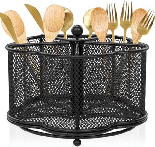 Kitchen Utensil Holder 360° Rotating Metal Mesh Utensil Organizer 5 Compartment Desktop Pencil Caddy Dining Tables Flatware Storage Basket