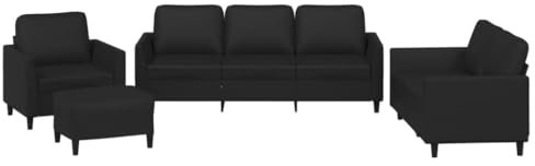 vidaXL Sofagarnitur 4-TLG., Sessel Couch mit Kissen Fußhocker, Sofa Wohnzimmersofa mit Armlehnen, Couchgarnitur Designsofa Sitzmöbel Polstermöbel, Schwarz Kunstleder