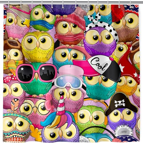 ANHOPE Bunte Nette Cartoon Eule Duschvorhang Anti-schimmel Wasserdicht Polyester Stoff Shower Curtains 180 x 180 cm Duschvorhänge Waschbar Bad Vorhäng für Badzimmer mit 12 Haken